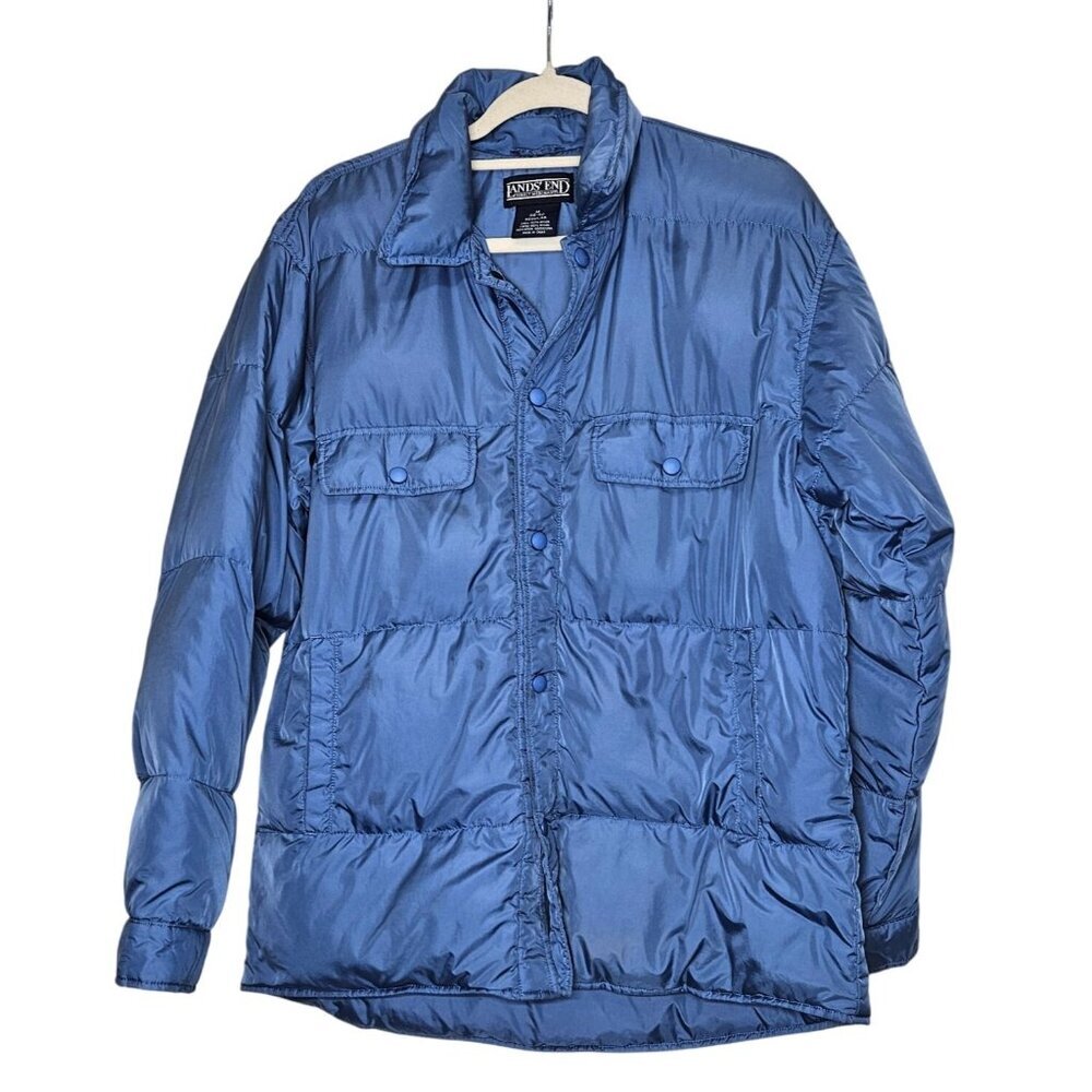 Lands End Mens Blue Puffer Jacket M‎ Goosedown Insulation Button Closure Down